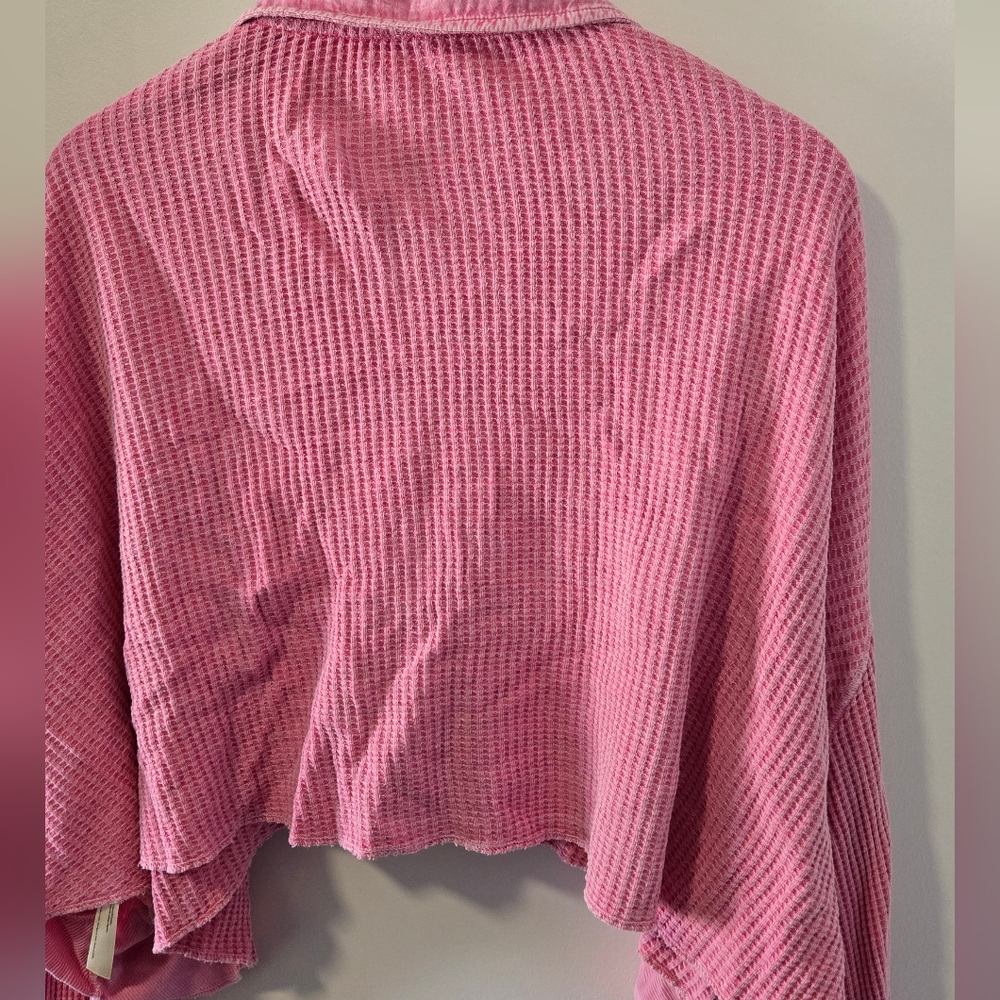 Free People Pink Cropped Waffle Knit Button-Up Shirt - Picture 5 of 5